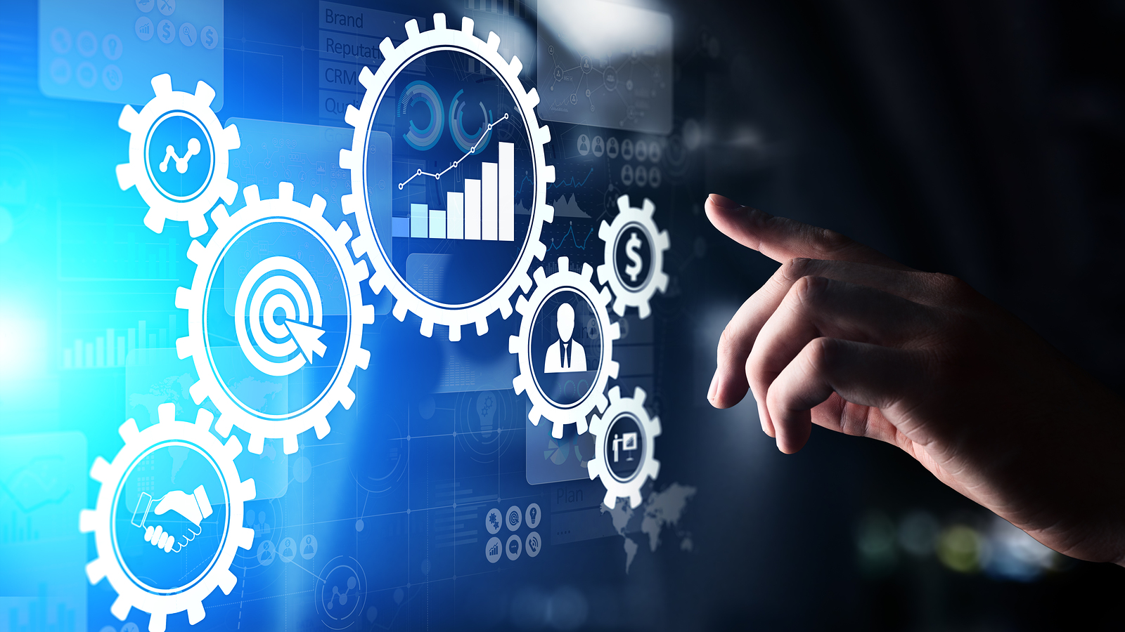 Business process management automation workflow, document validation, connected gear cogs with icons, technology concept